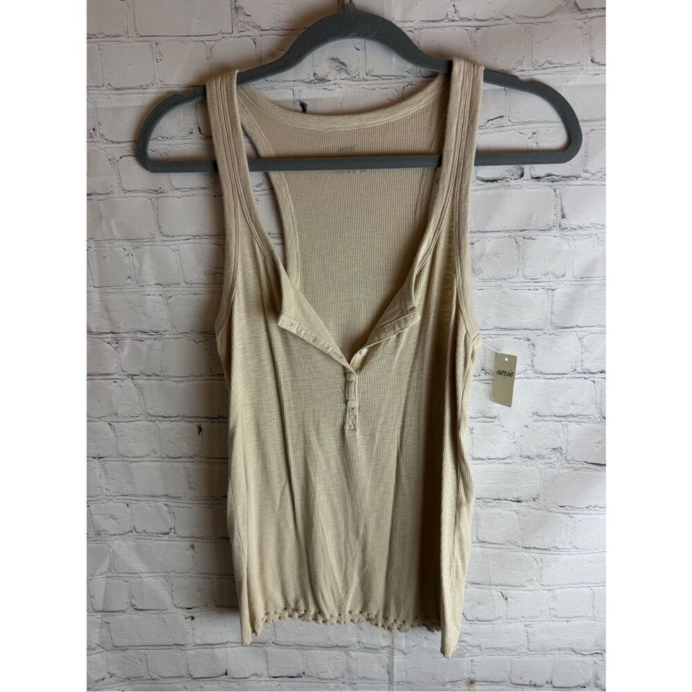 Aerie Light Cream Ribbed Henley Tank Top Women Medium
